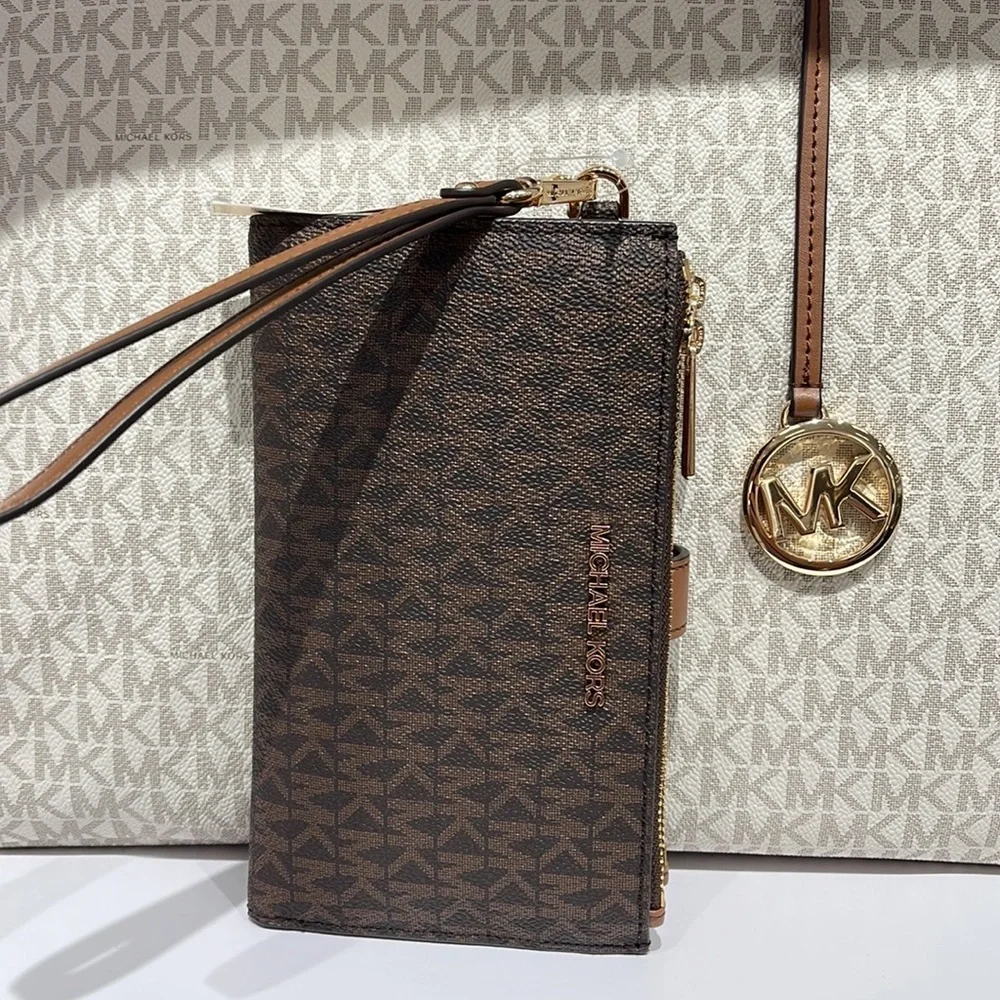 MICHAEL KORS LARGE DOUBLE ZIP WRISTLET PHONEHOLDER WALLET CLUTCH  Brown